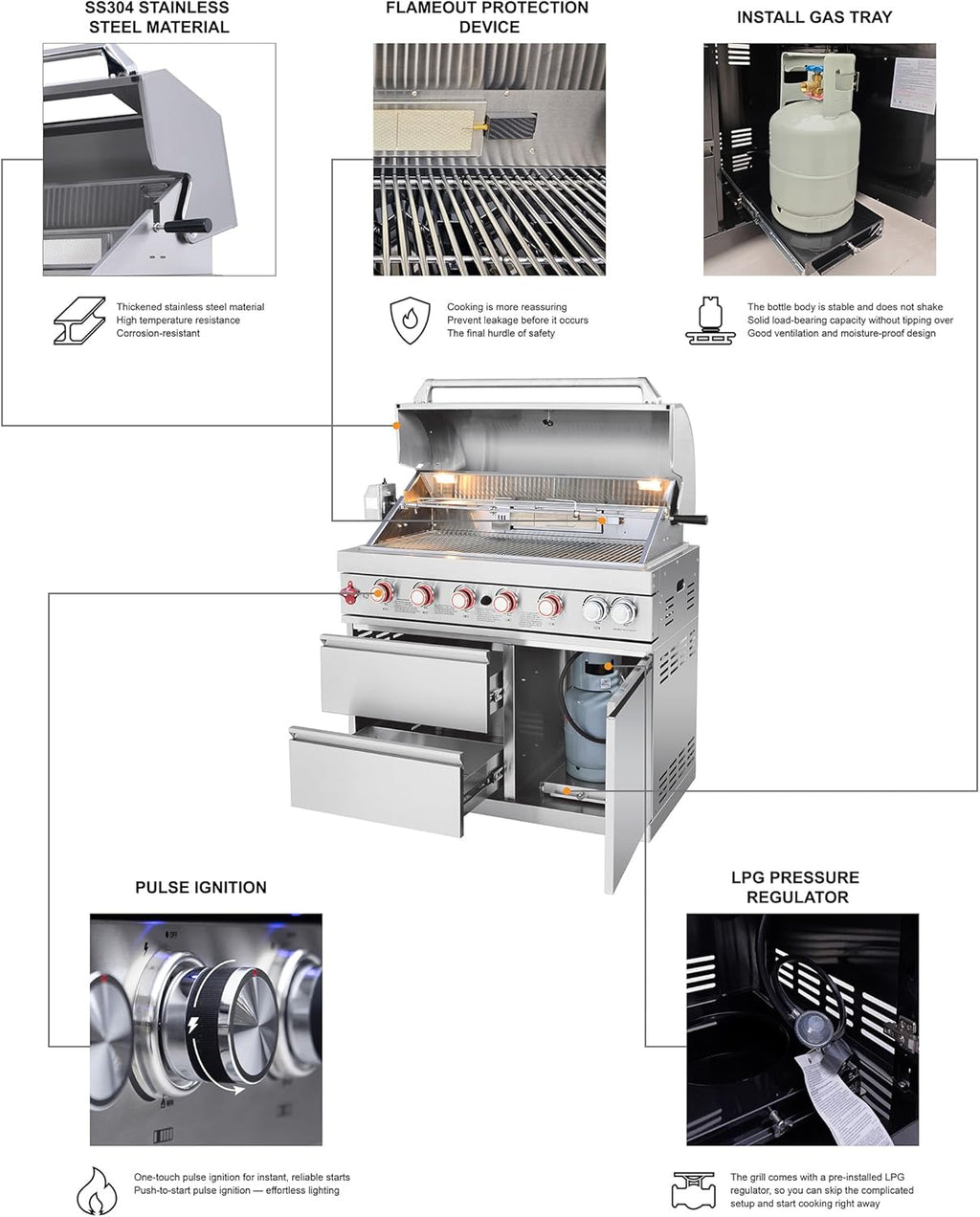 102.4" Outdoor Kitchen Island, 4-Burner Propane Gas BBQ Grill 59500 BTU 304 Stainless Steel, Built-In Sink & Refrigerator for Backyard Patio Cooking (Silver, 102.4"')