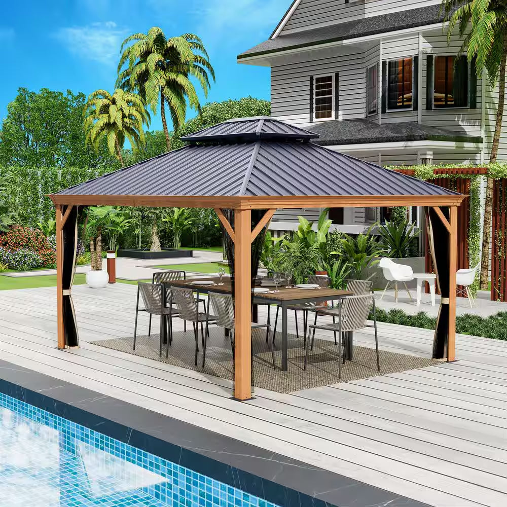 Apollo 12 Ft. X 14 Ft. Wood like Aluminum Hardtop Gazebo with Galvanized Steel Roof and Mosquito Net