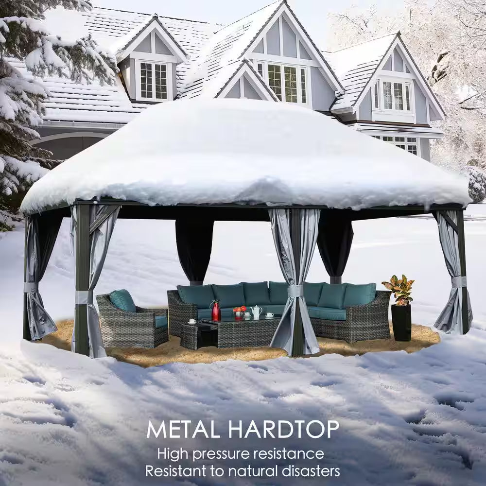 Alexander 12 Ft. D X 9 Ft. H X 20 Ft. W Aluminum Hardtop with Gazebo Galvanized Steel Roof, Nettings and Curtains, Gray