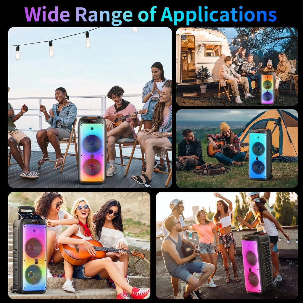 Party Speaker with Wheels for Outdoor, Bluetooth Speaker with 2 Microphones, Dual 8'' Subwoofer Deep Bass, Rgb Lights, T38-T