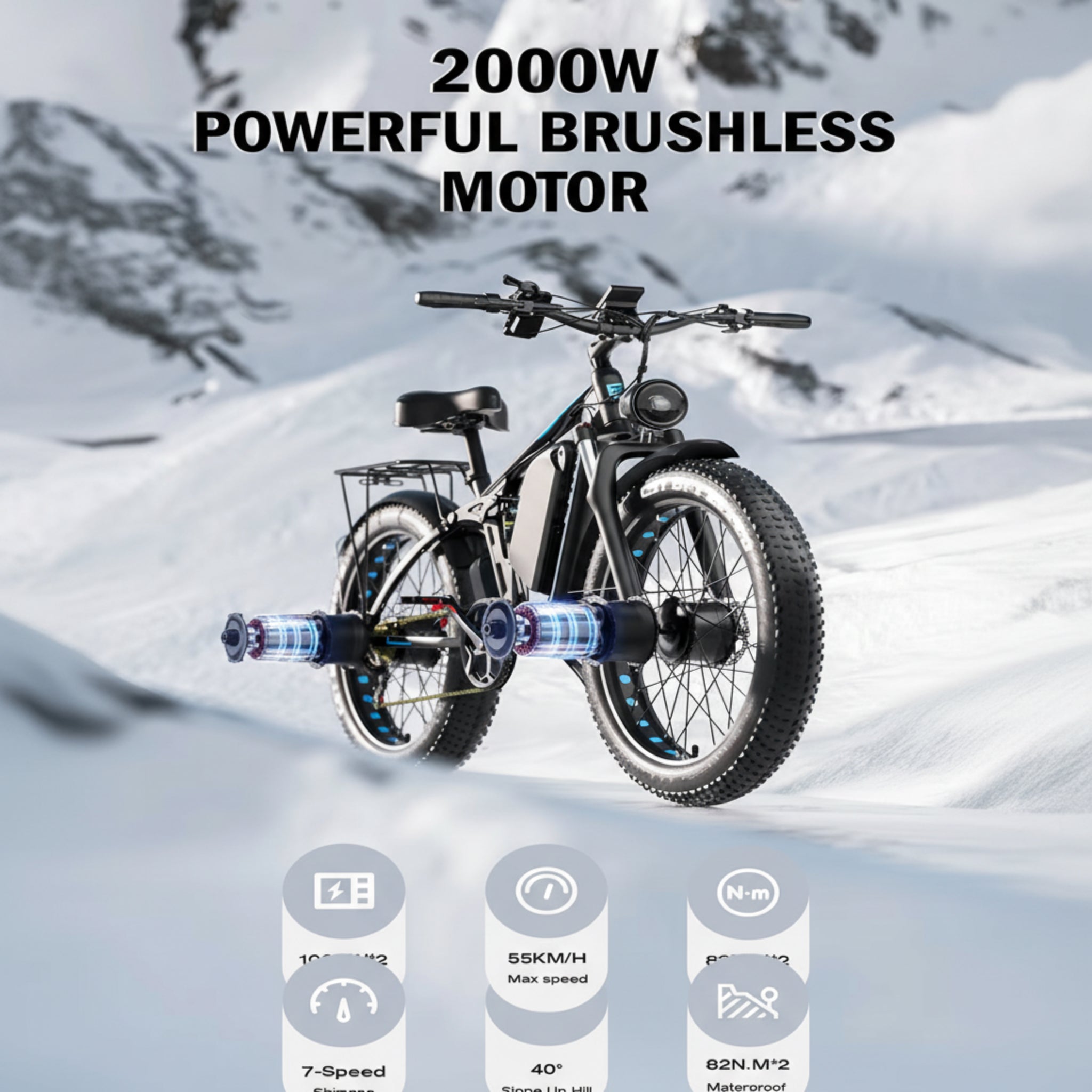 Off-Road Full Suspension E- Bike 2000W Dual Motor 52V 23AH Battery Mountain E- Bike 26 Inch Fat Tire Electric Bikespeed 55KM/H