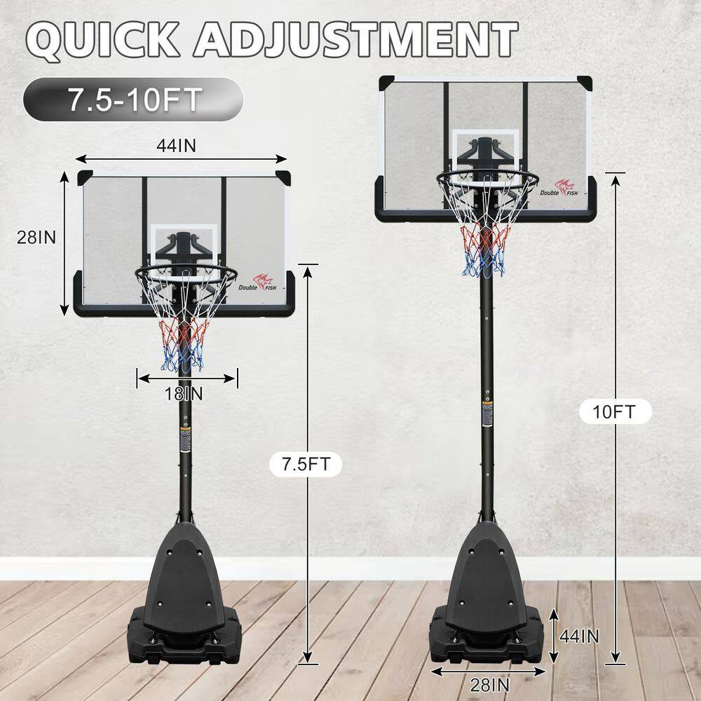 Adjustable HDPE Portable Basketball Hoop - 44 In. Backboard and 7.5 to 10 Ft. Rim Height