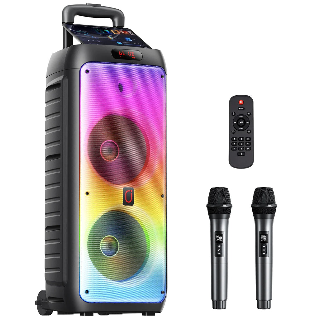 Party Speaker with Wheels for Outdoor, Bluetooth Speaker with 2 Microphones, Dual 8'' Subwoofer Deep Bass, Rgb Lights, T38-T