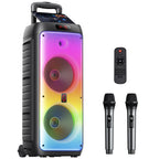 Party Speaker with Wheels for Outdoor, Bluetooth Speaker with 2 Microphones, Dual 8'' Subwoofer Deep Bass, Rgb Lights, T38-T