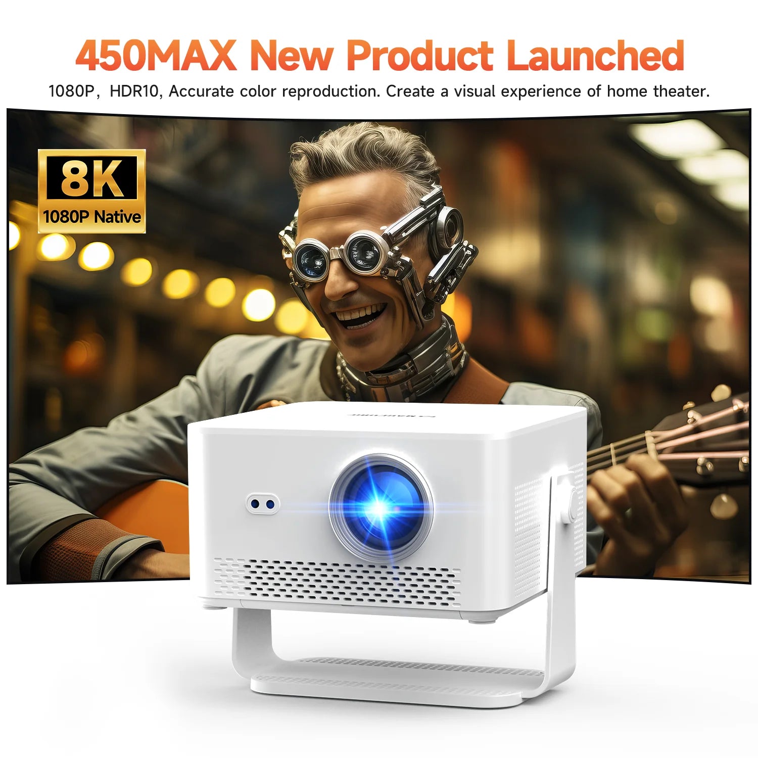 HY450MAX 1100ANSI Android 14 Portable Outdoor Projector 1080P Auto Focus 8K Support WIFI6 Beam Mini Projector