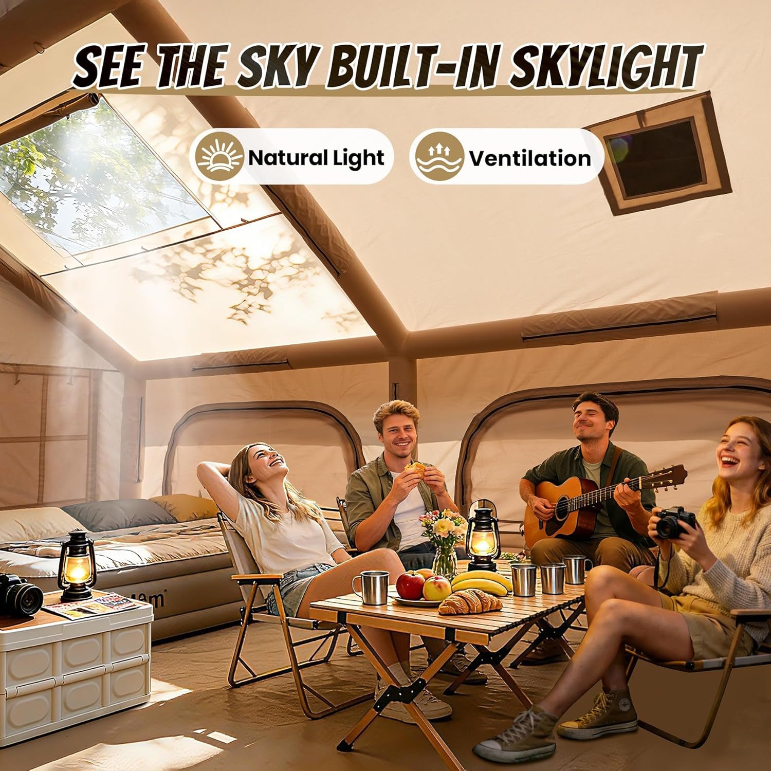 Inflatable Tent with Skylight, Quick Setup Blow up Tents with Pump, Hot Tent with Stove Jack, Waterproof Oxford Inflatable House for Camping, Air Glamping Tents for Camping Adult 8-12 Person