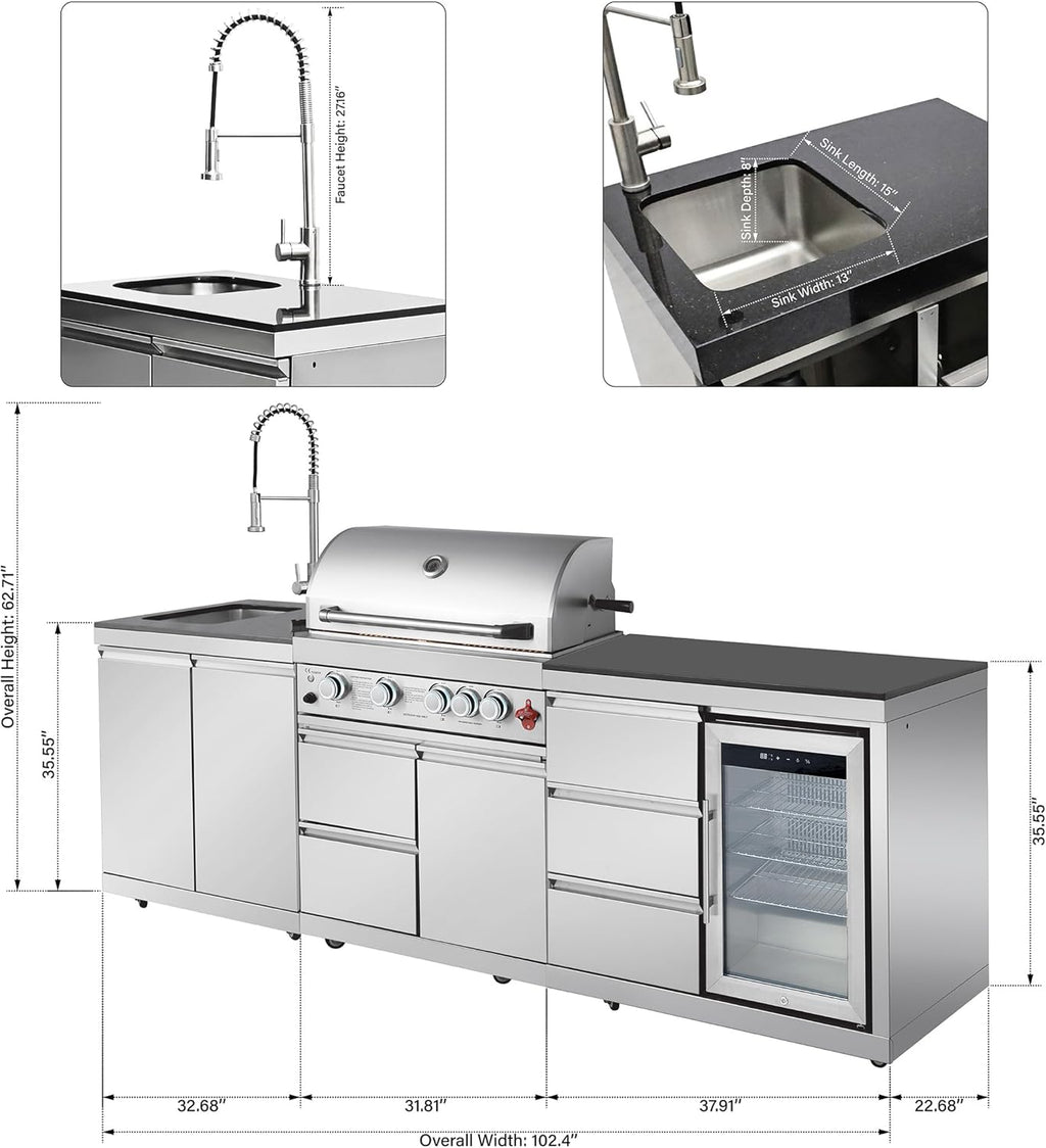 102.4" Outdoor Kitchen Island, 4-Burner Propane Gas BBQ Grill 59500 BTU 304 Stainless Steel, Built-In Sink & Refrigerator for Backyard Patio Cooking (Silver, 102.4"')