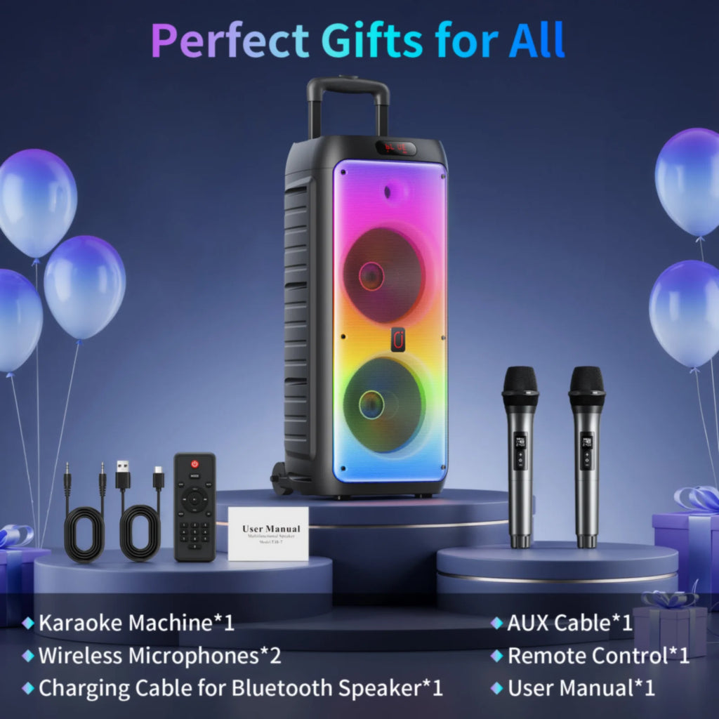 Party Speaker with Wheels for Outdoor, Bluetooth Speaker with 2 Microphones, Dual 8'' Subwoofer Deep Bass, Rgb Lights, T38-T