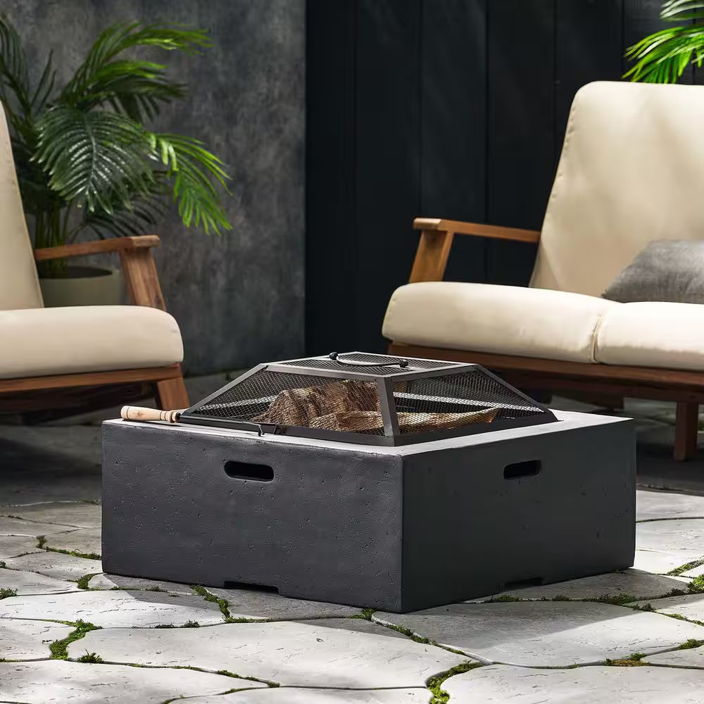 29 In. W X 17.2 In. H Square Wood Burning Outdoor Fire Pit in Grey