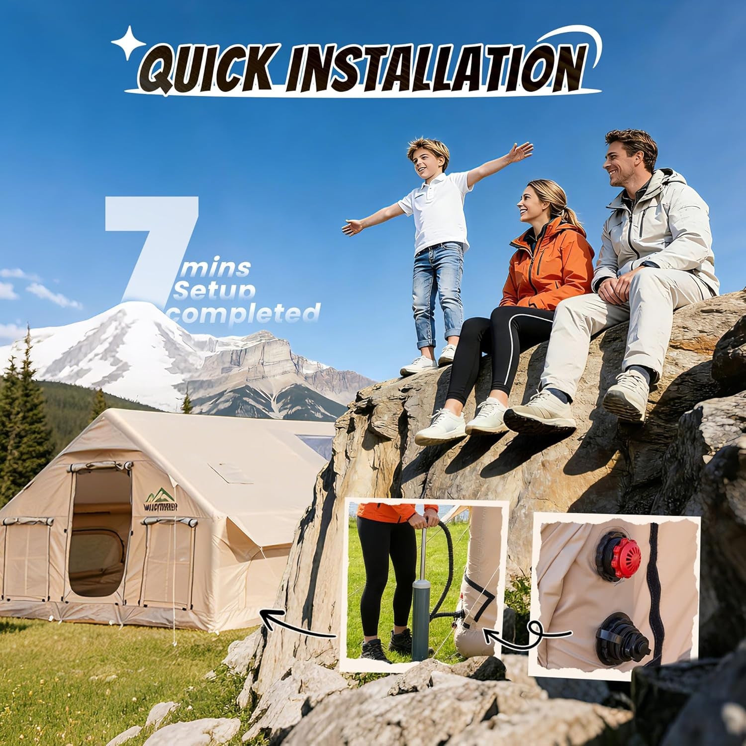 Inflatable Tent with Skylight, Quick Setup Blow up Tents with Pump, Hot Tent with Stove Jack, Waterproof Oxford Inflatable House for Camping, Air Glamping Tents for Camping Adult 8-12 Person