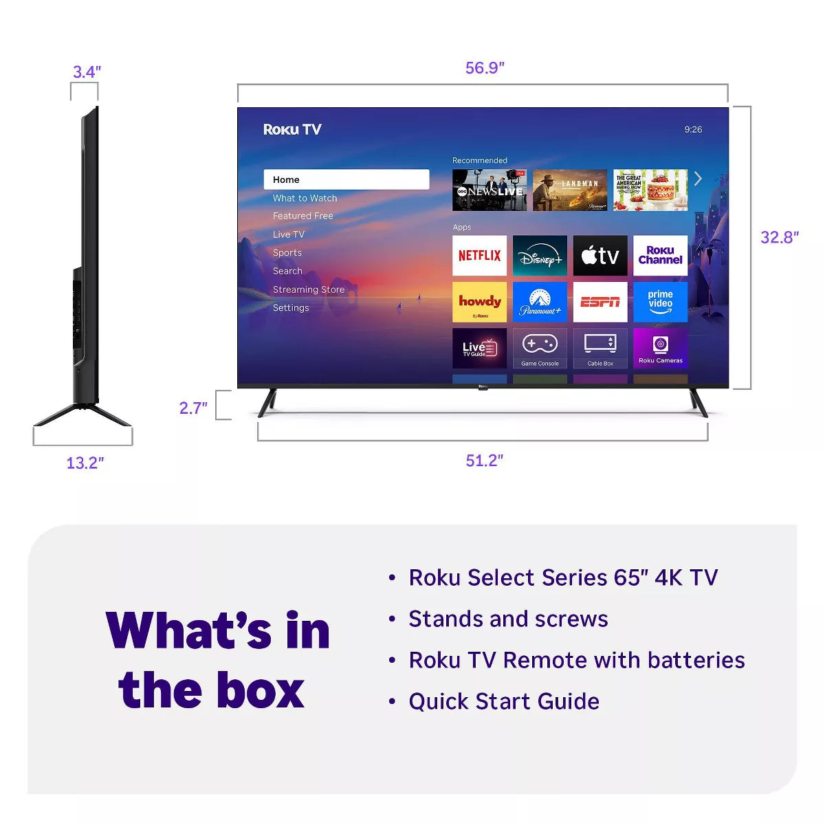 Roku 65" Select Series 4K HDR Smart Roku TV with Roku TV Remote: LED, Wi-Fi, HDMI