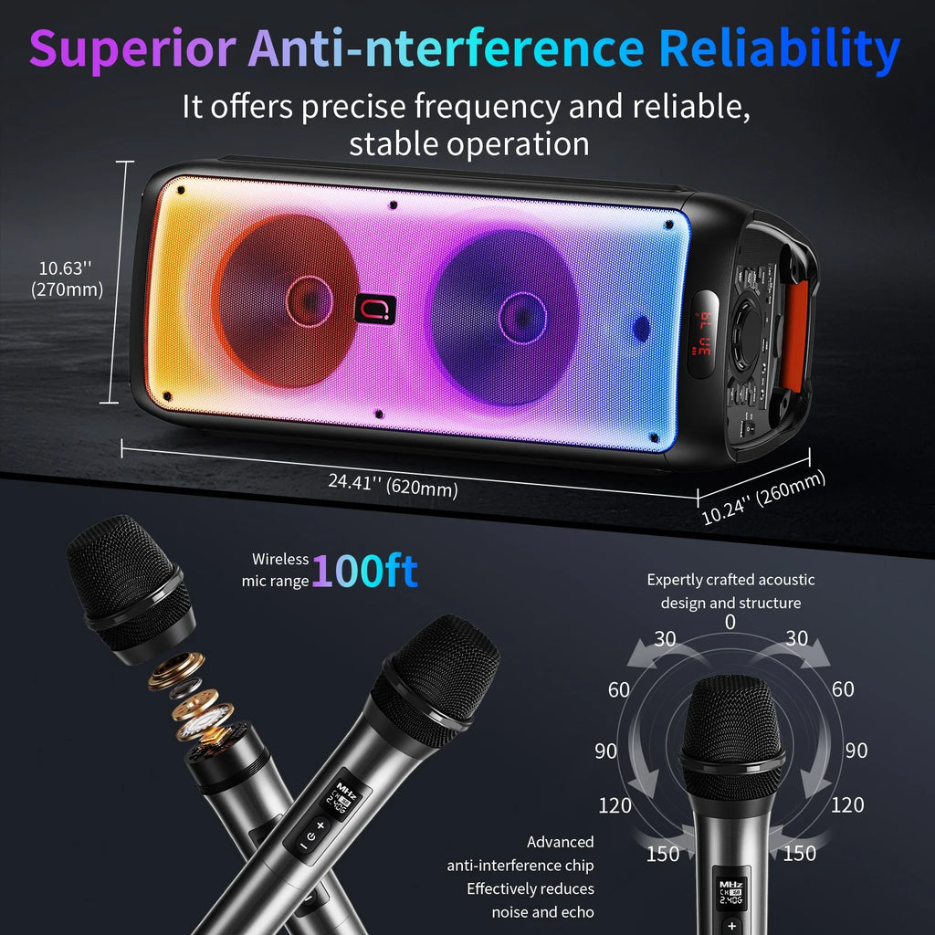 Party Speaker with Wheels for Outdoor, Bluetooth Speaker with 2 Microphones, Dual 8'' Subwoofer Deep Bass, Rgb Lights, T38-T