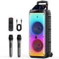 Party Speaker with Wheels for Outdoor, Bluetooth Speaker with 2 Microphones, Dual 8'' Subwoofer Deep Bass, Rgb Lights, T38-T