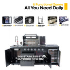 Outdoor Kitchen Island Black Stainless Steel with Sink & 46-Inch 4-Burner 72000 BTU Grill, Wine Cooler, Refrigerator, Rotisserie Kit & Granite Countertops