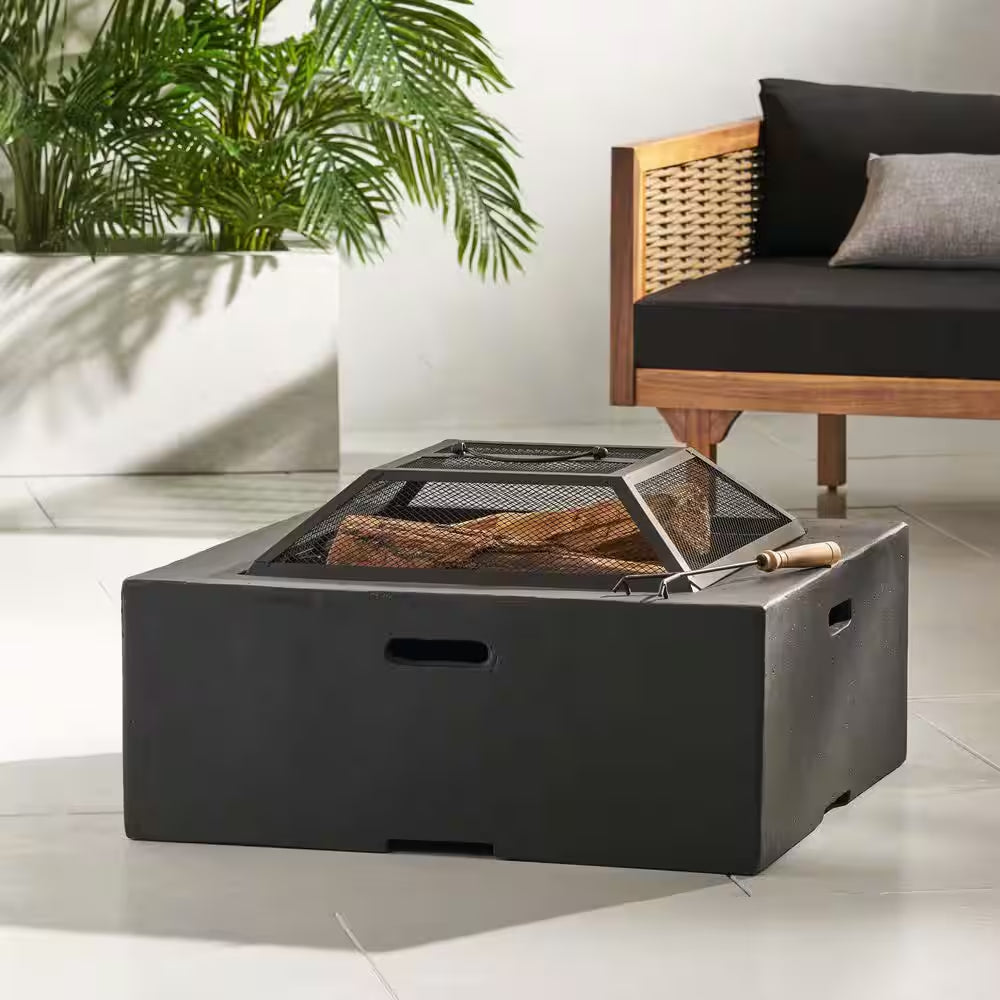 29 In. W X 17.2 In. H Square Wood Burning Outdoor Fire Pit in Grey