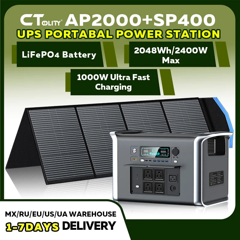 AP2000 2048Wh Solar Generator 2400W + 400W Solar Panel Portable Power Station Emergency,Rv,Camping Lifepo4 Battery