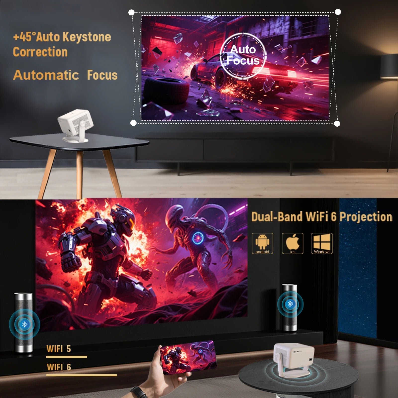 TP350 NTV Projector Compatible with Netflix 650ANSI Android 13 Native 1080P with Auto Focus Smart Home Outdoor Projector