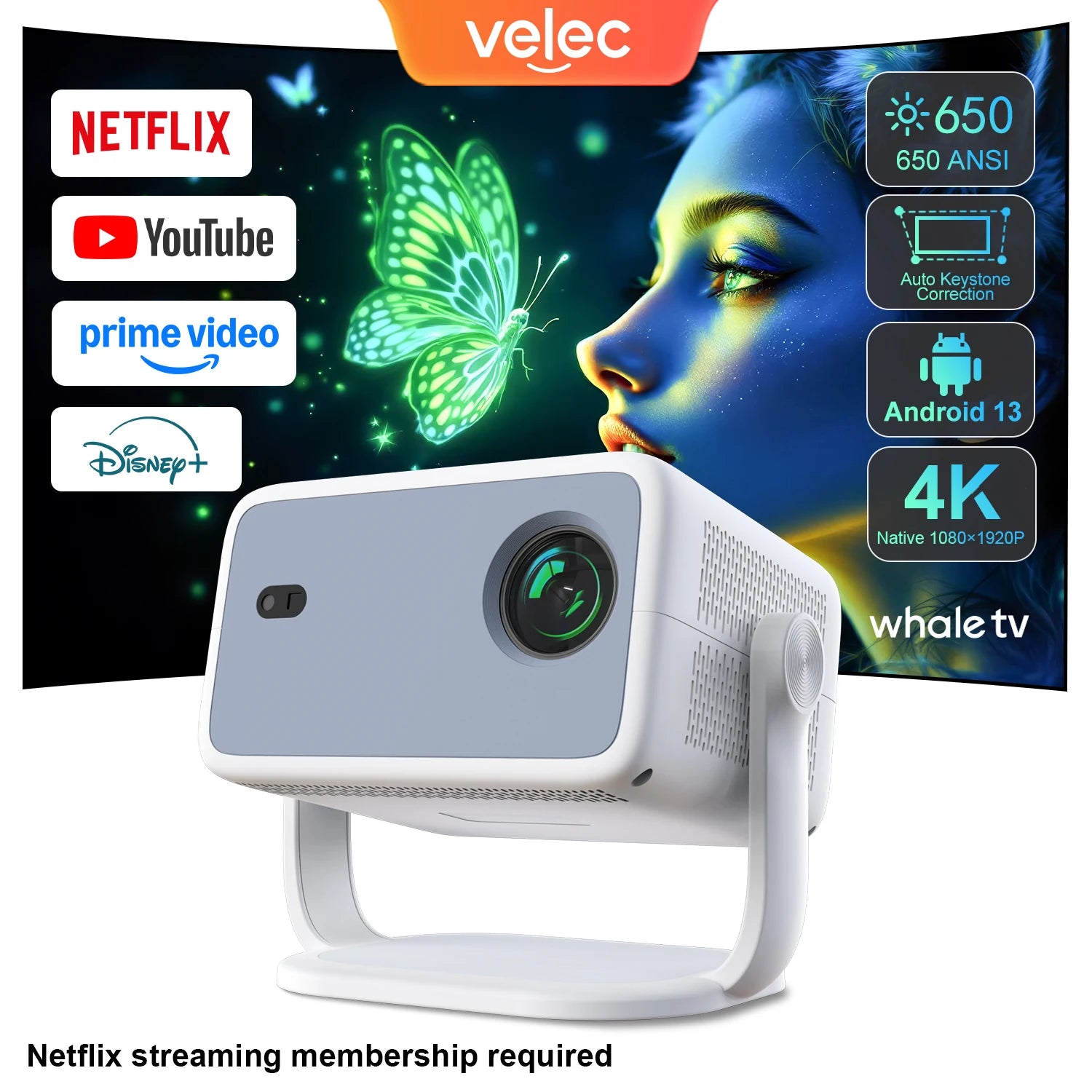 TP350 NTV Projector Compatible with Netflix 650ANSI Android 13 Native 1080P with Auto Focus Smart Home Outdoor Projector