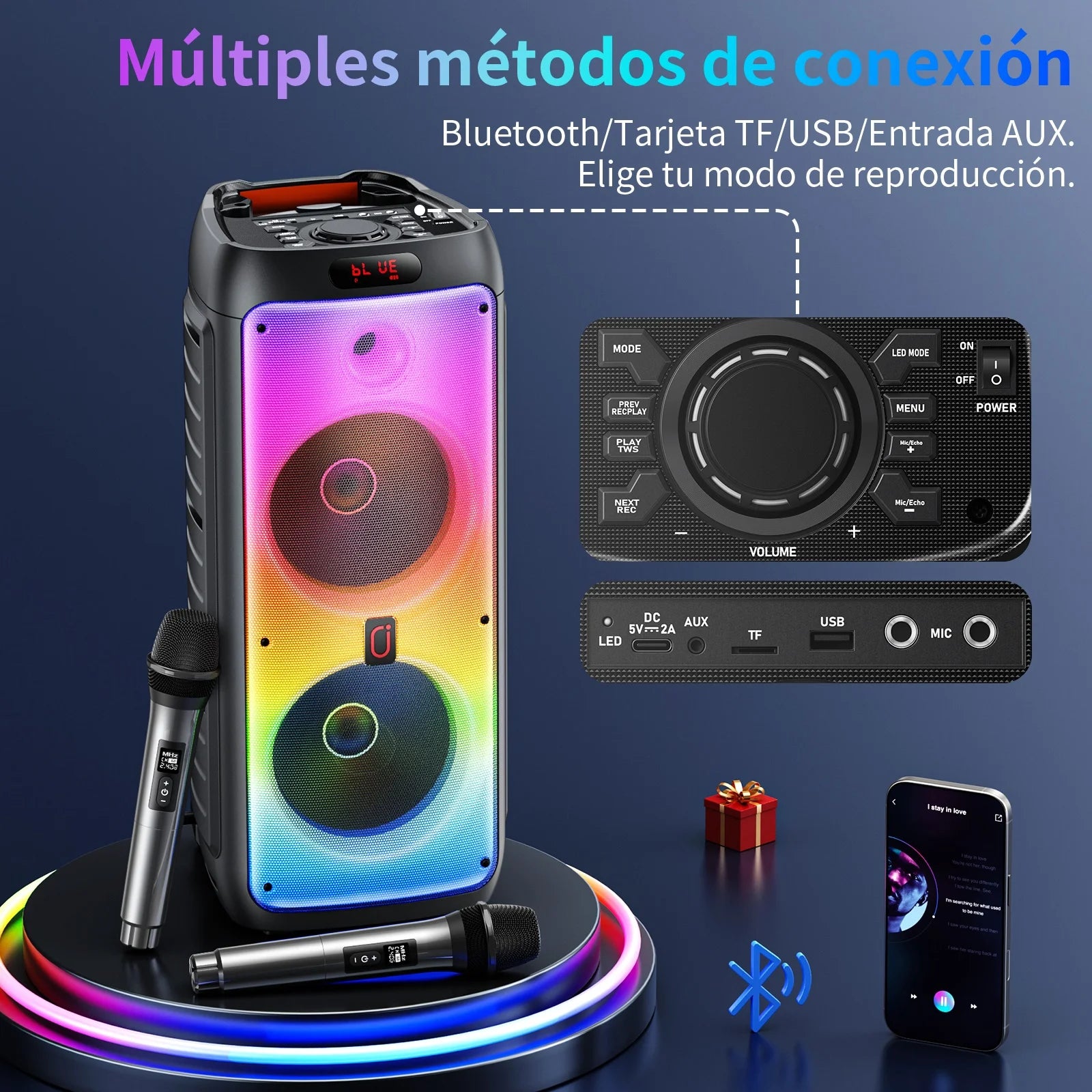 Party Speaker with Wheels for Outdoor, Bluetooth Speaker with 2 Microphones, Dual 8'' Subwoofer Deep Bass, Rgb Lights, T38-T