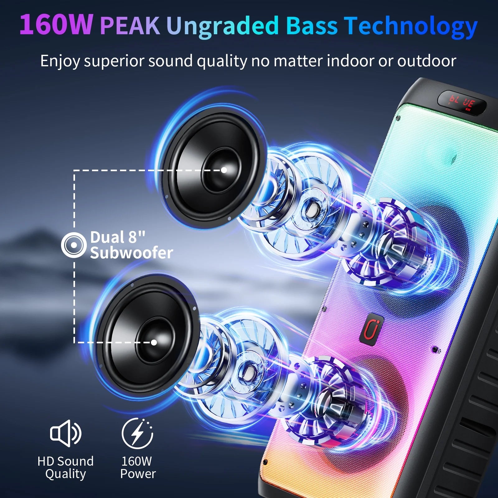 Party Speaker with Wheels for Outdoor, Bluetooth Speaker with 2 Microphones, Dual 8'' Subwoofer Deep Bass, Rgb Lights, T38-T