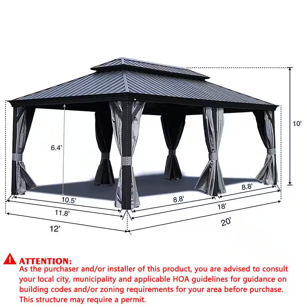 Alexander 12 Ft. D X 9 Ft. H X 20 Ft. W Aluminum Hardtop with Gazebo Galvanized Steel Roof, Nettings and Curtains, Gray