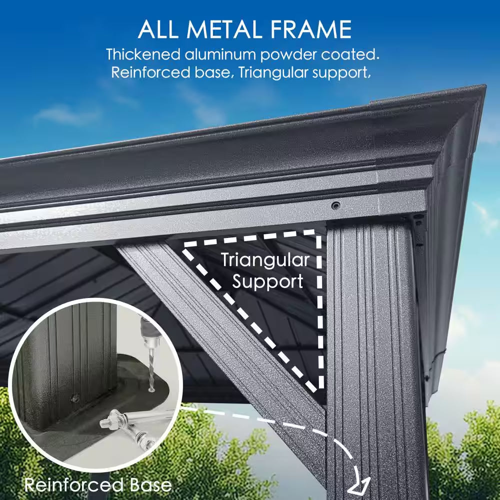 Alexander 12 Ft. D X 9 Ft. H X 20 Ft. W Aluminum Hardtop with Gazebo Galvanized Steel Roof, Nettings and Curtains, Gray